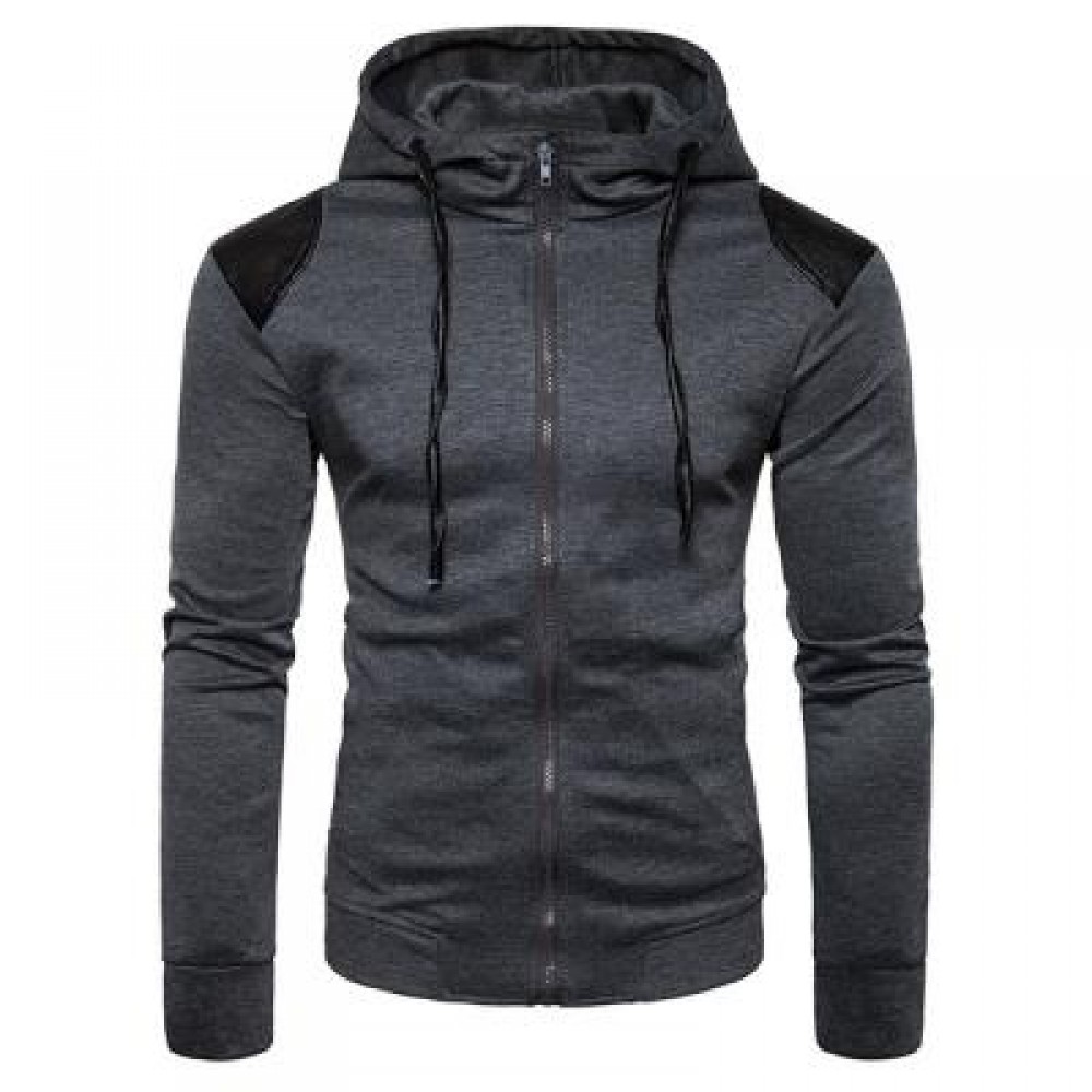 HOODED PU LEATHER PANEL ZIP UP HOODIE (DEEP GRAY) M HOODED PU LEATHER PANEL ZIP UP HOODIE (DEEP GRAY) M