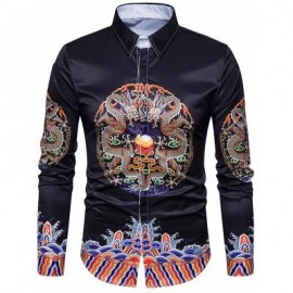 image of TURNDOWN COLLAR SYMMETRICAL CHINOISERIE DRAGON PRINT SHIRT (COLORMIX) XL