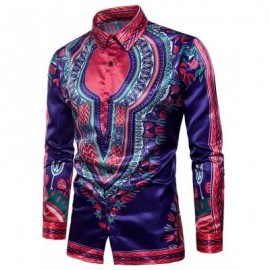 image of TURNDOWN COLLAR TRIBAL PRINT COLOR BLOCK SHIRT (CADETBLUE) S