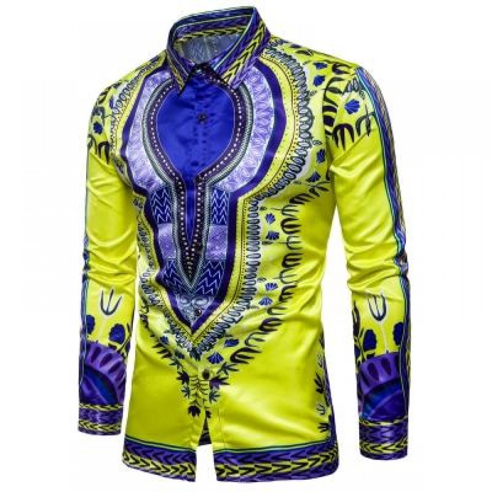 TURNDOWN COLLAR TRIBAL PRINT COLOR BLOCK SHIRT (YELLOW) M TURNDOWN COLLAR TRIBAL PRINT COLOR BLOCK SHIRT (YELLOW) M
