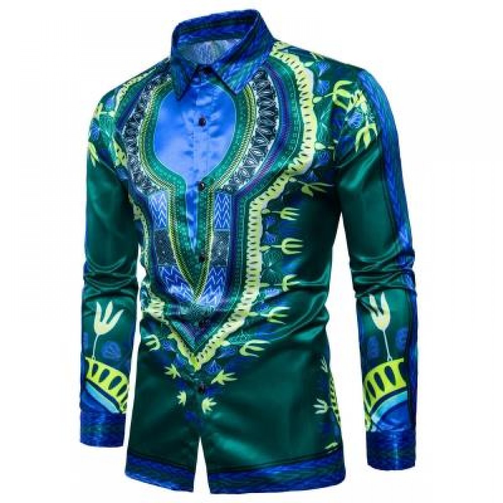 TURNDOWN COLLAR TRIBAL PRINT COLOR BLOCK SHIRT (GREEN) S TURNDOWN COLLAR TRIBAL PRINT COLOR BLOCK SHIRT (GREEN) S