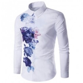 image of TURNDOWN COLLAR FLORALS WASH PAINTING PRINT LONG SLEEVE SHIRT (WHITE) L