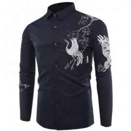 image of TURNDOWN COLLAR CHINOISERIE BIRD PRINT LONG SLEEVE SHIRT (ROYAL) 3XL