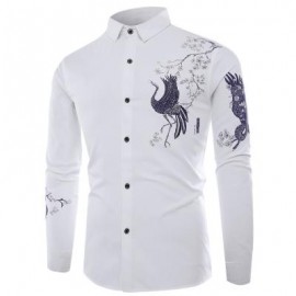 image of TURNDOWN COLLAR CHINOISERIE BIRD PRINT LONG SLEEVE SHIRT (WHITE) 3XL