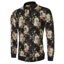 image of STYLISH FLORAL PRINT STAND COLLAR MALE LONG SLEEVE JACKET (BLACK M/L/XL/XXL) L