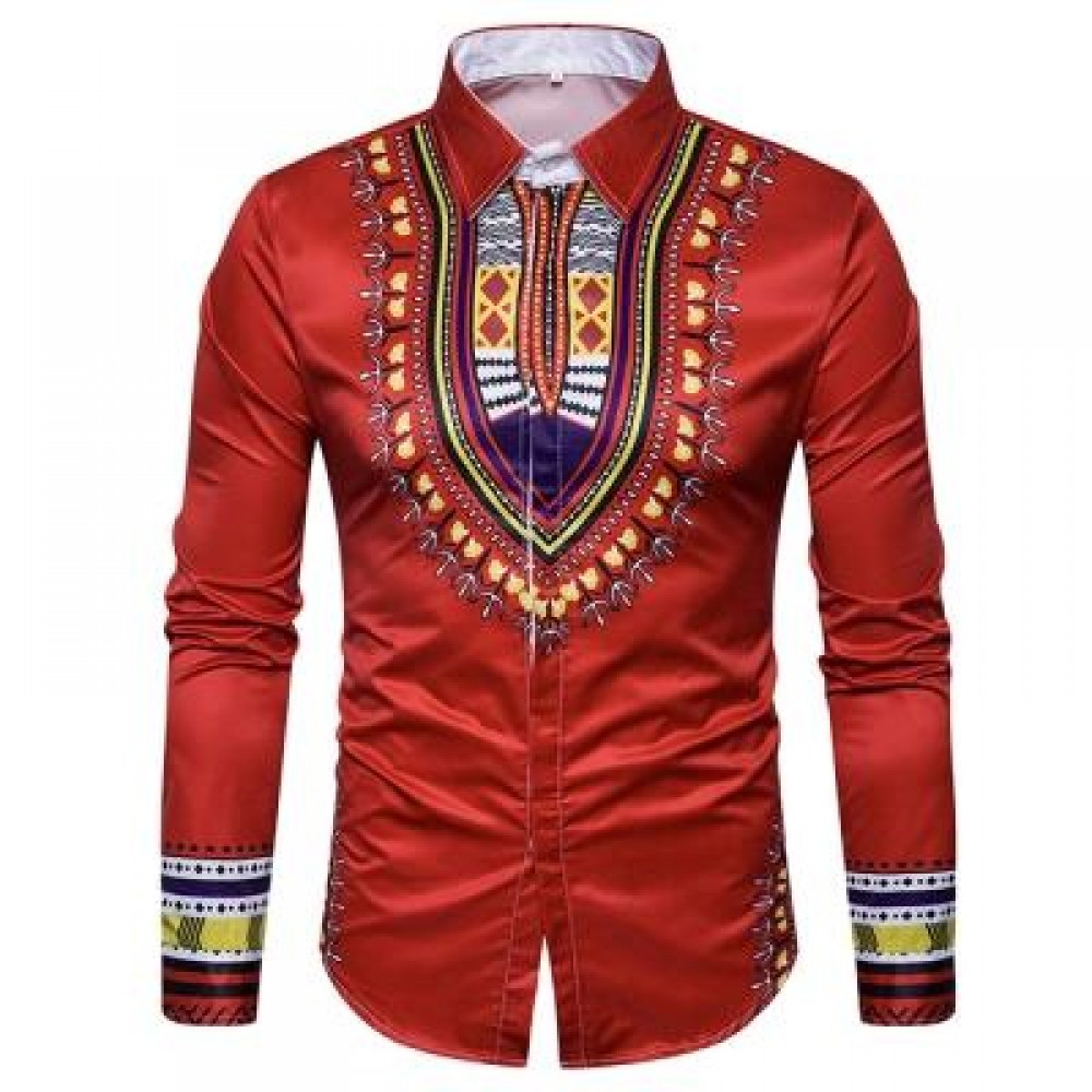 GEOMETRIC NATIONAL PRINT LONG SLEEVE SHIRT (RED) M GEOMETRIC NATIONAL PRINT LONG SLEEVE SHIRT (RED) M