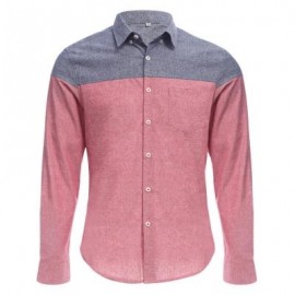 image of SLIM PATCHWORK BUTTON DESIGN MALE LONG SLEEVE CASUAL SHIRT (WATERMELON RED) M