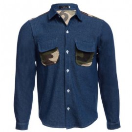 image of CASUAL CAMOUFLAGE POCKET DECORATION MALE LONG SLEEVE DENIM SHIRT (DEEP BLUE M/L/XL/XXL) M