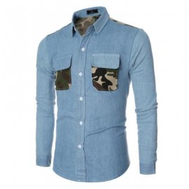 image of CASUAL CAMOUFLAGE POCKET DECORATION MALE LONG SLEEVE DENIM SHIRT (LAKE BLUE M/L/XL/XXL) L
