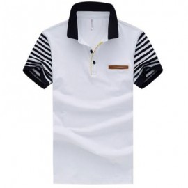 image of MALE PURE COTTON PATCHWORK DESIGN TURN DOWN COLLAR SHORT SLEEVE SHIRTS (WHITE) 2XL