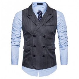 image of TURNDOWN COLLAR DOUBLE BREASTED BELT VERTICAL STRIPE WAISTCOAT (DEEP GRAY) S
