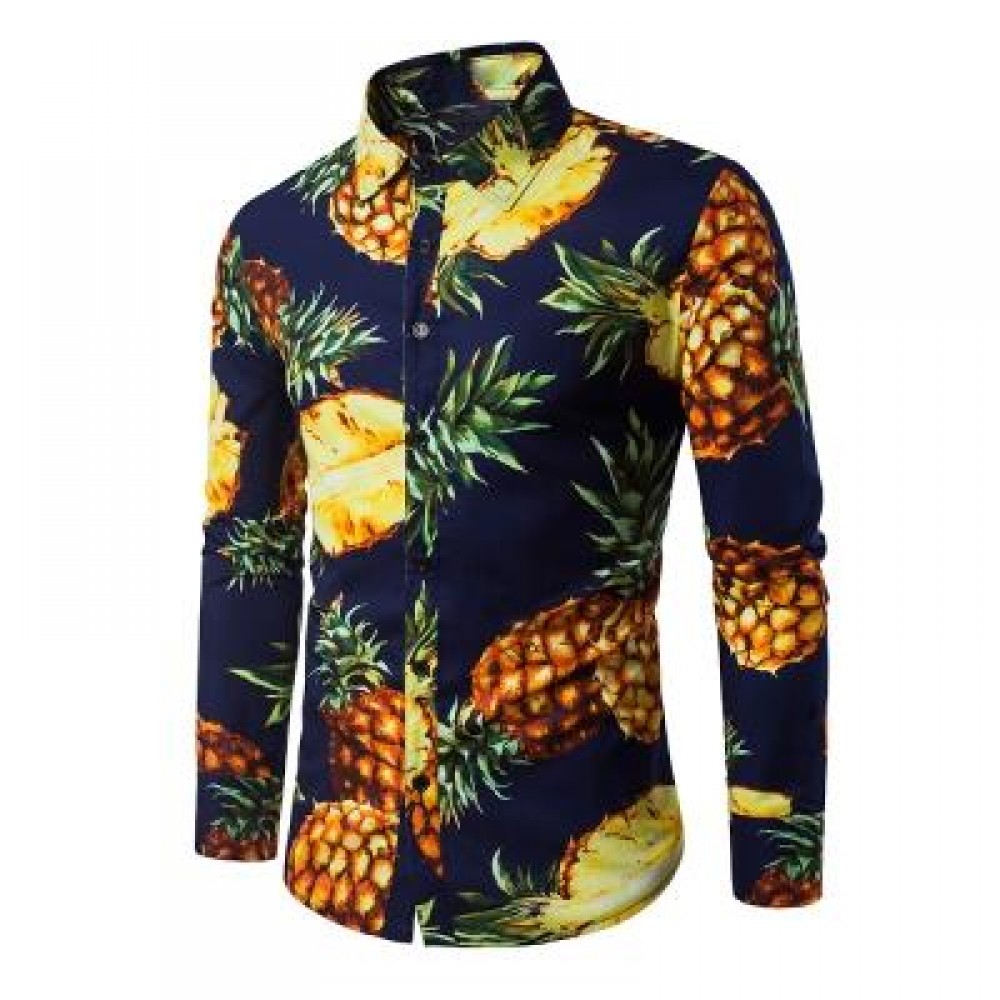 TURNDOWN COLLAR 3D PINEAPPLE PRINT SHIRT (PURPLISH BLUE) L TURNDOWN COLLAR 3D PINEAPPLE PRINT SHIRT (PURPLISH BLUE) L
