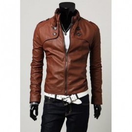 image of KOREAN STAND COLLAR SLIMMING BUTTONS LONG SLEEVES MEN'S PU LEATHER COAT (BROWN) XL