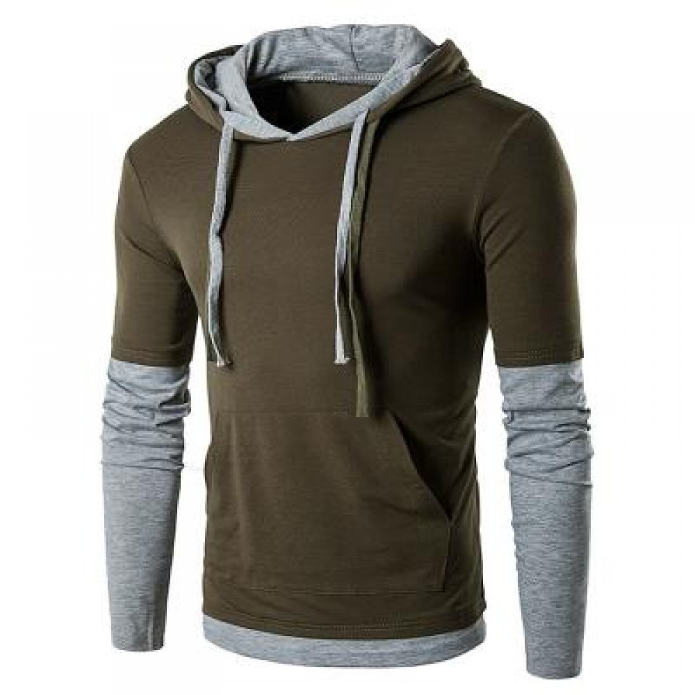 PANEL FAUX TWINSET HOODED DRAWSTRING T-SHIRT (ARMY GREEN) S PANEL FAUX TWINSET HOODED DRAWSTRING T-SHIRT (ARMY GREEN) S