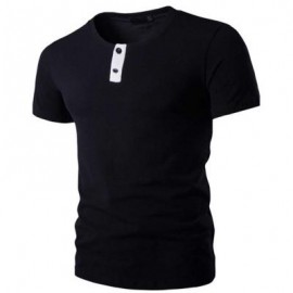 image of STYLISH PURE COLOR BUTTON DECORATION ROUND NECK MALE SHORT SLEEVE SHIRT (BLACK) L