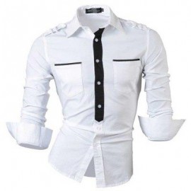 image of COLOR BLOCK SLIM FIT TURN DOWN COLLAR LONG SLEEVE CASUAL SHIRT FOR MALE (WHITE) XL