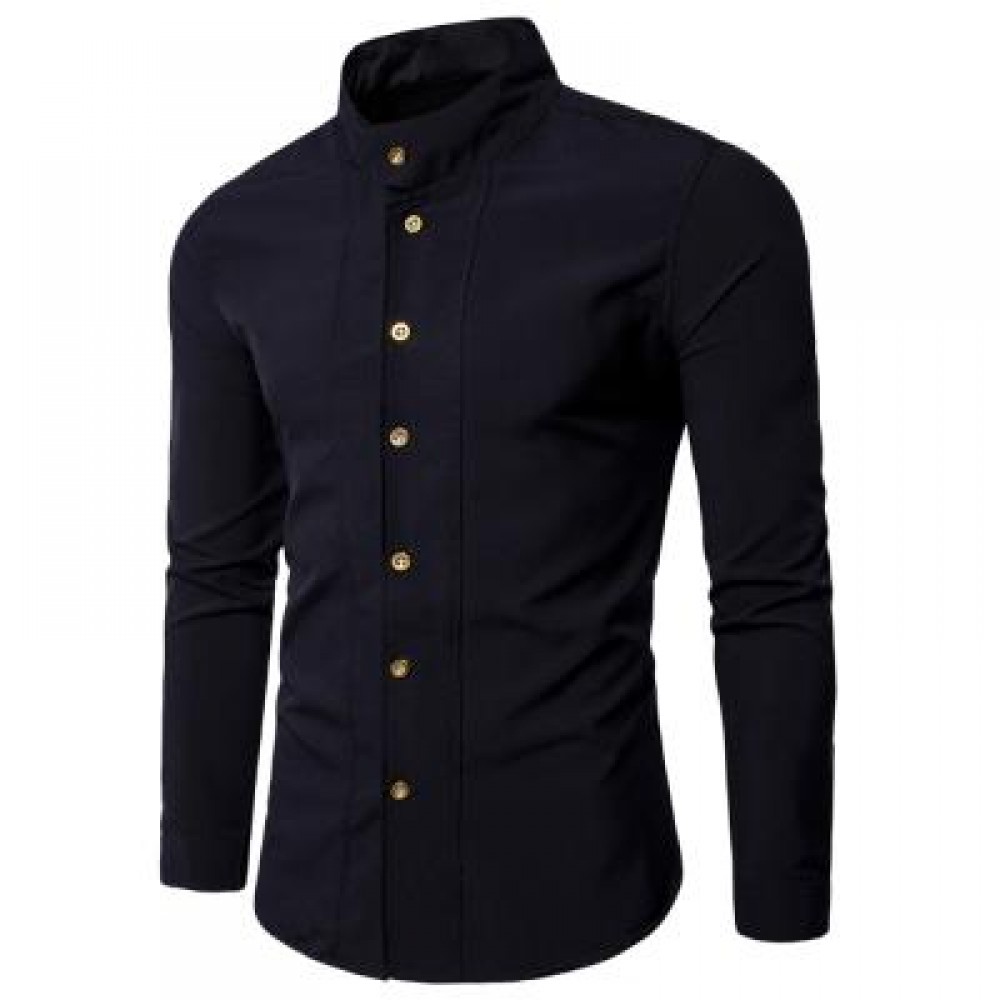 CASUAL STAND COLLAR LONG SLEEVE SHIRT (BLACK) L CASUAL STAND COLLAR LONG SLEEVE SHIRT (BLACK) L