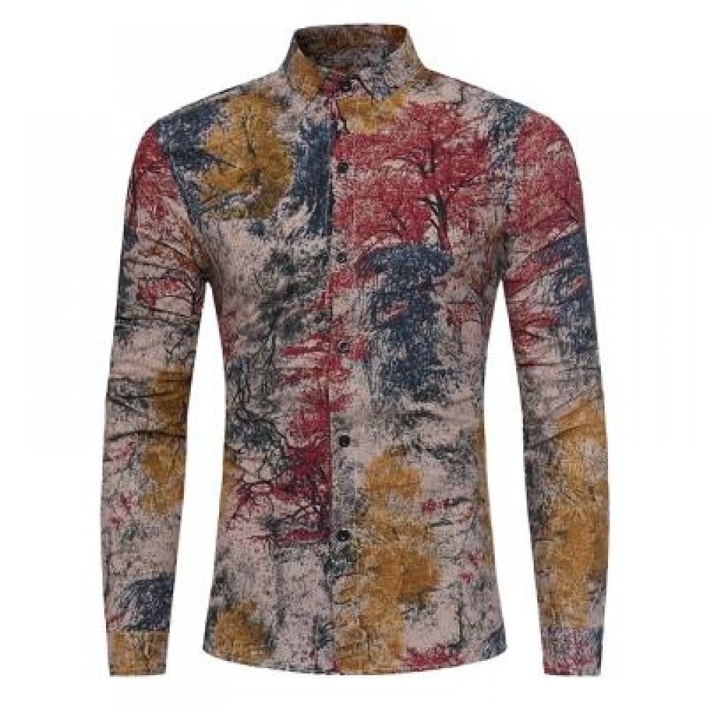 COLORFUL PLANTS TIE DYE PRINT COTTON LINEN SHIRT (RED) 3XL COLORFUL PLANTS TIE DYE PRINT COTTON LINEN SHIRT (RED) 3XL