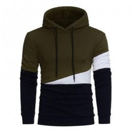 image of DRAWSTRING COLOR BLOCK PANEL FLEECE PULLOVER HOODIE (ARMY GREEN) L