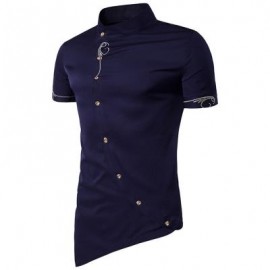 image of MANDARIN COLLAR SHORT SLEEVE EMBROIDERED NOVELTY SHIRT (PURPLISH BLUE) M