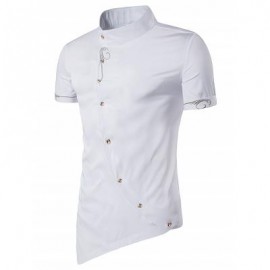 image of MANDARIN COLLAR SHORT SLEEVE EMBROIDERED NOVELTY SHIRT (WHITE) L