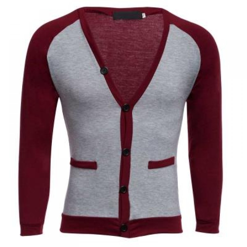 CASUAL PATCHWORK V NECK MALE LONG SLEEVE SHIRT (WINE RED) L CASUAL PATCHWORK V NECK MALE LONG SLEEVE SHIRT (WINE RED) L