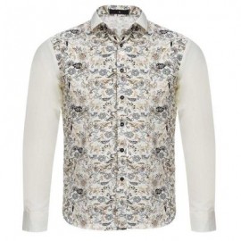 image of STYLISH FLORAL PRINT SLIM FIT PATCHWORK MALE LONG SLEEVE SHIRT (OFF-WHITE) L