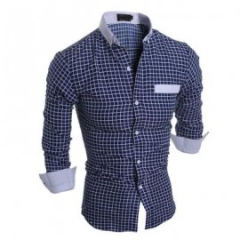 image of CASUAL SLIM FIT LATTICE TURN DOWN COLLAR LONG SLEEVE FOR MALE (CADETBLUE) XL