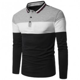 image of COLOR BLOCK RIB TURNDOWN COLLAR PANEL DESIGN T-SHIRT (GRAY) 2XL