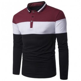 image of COLOR BLOCK RIB TURNDOWN COLLAR PANEL DESIGN T-SHIRT (RED) 2XL