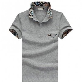 image of STYLISH TURN COLLAR SHORT SLEEVE SPLICED PRINTED SHEATHY SHIRT FOR MEN (GRAY) M