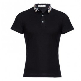 image of STYLISH TURN COLLAR SHORT SLEEVE SPLICED PRINTED SHEATHY SHIRT FOR MEN (BLACK) M