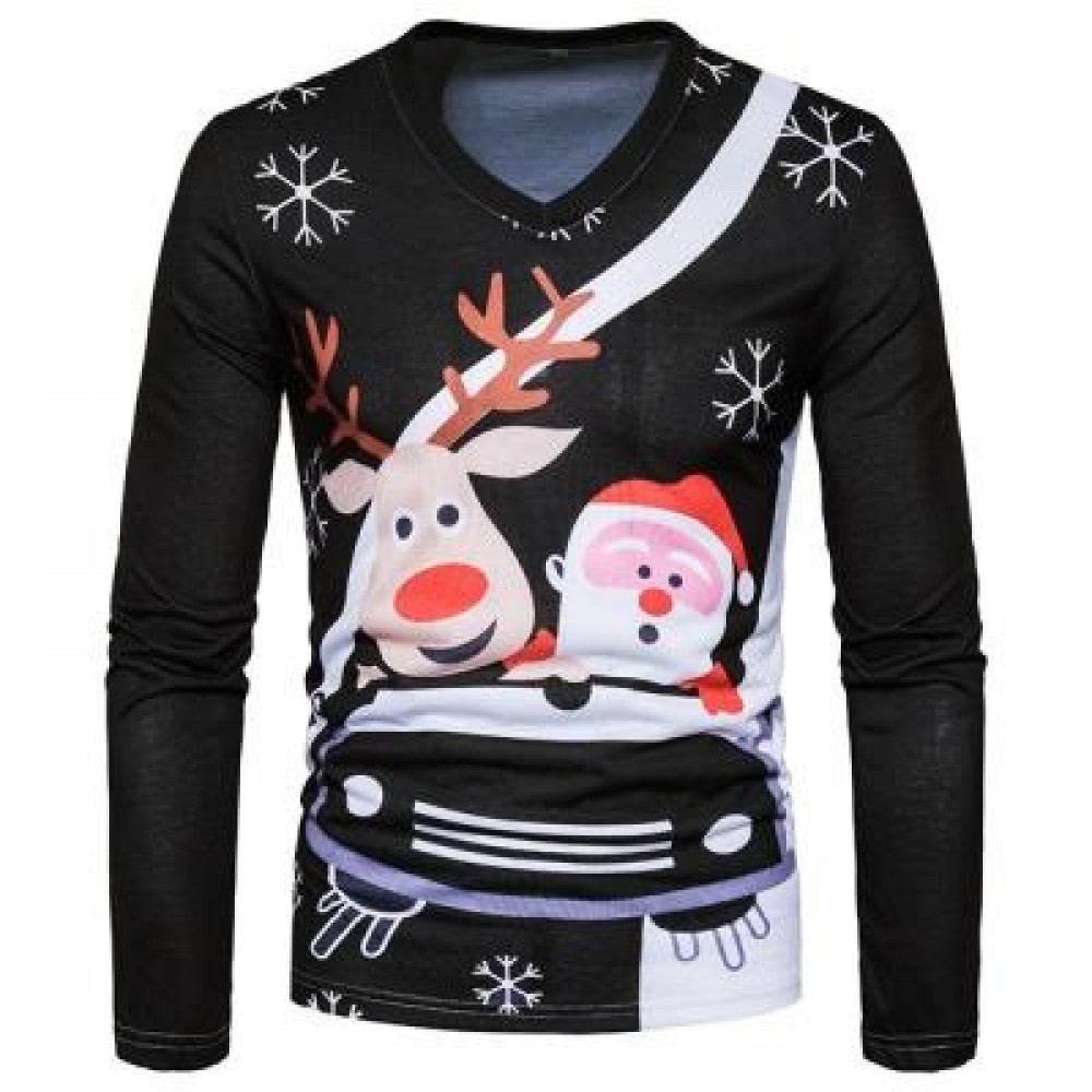 V NECK CHRISTMAS CARTOON SANTA PRINT UGLY T-SHIRT (BLACK) 2XL V NECK CHRISTMAS CARTOON SANTA PRINT UGLY T-SHIRT (BLACK) 2XL