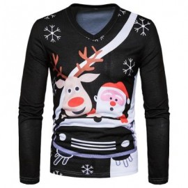 image of V NECK CHRISTMAS CARTOON SANTA PRINT UGLY T-SHIRT (BLACK) 2XL