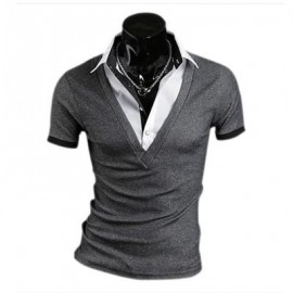 image of FASHIONABLE FALSE TWO PIECES TURN DOWN COLLAR MALE SHORT SLEEVE SHIRT (GRAY M/L/XL/XXL) L