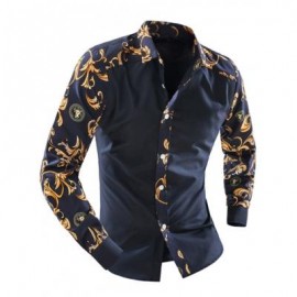 image of ORNATE PRINT SPLICING TURN-DOWN COLLAR LONG SLEEVE SHIRT FOR MEN (CADETBLUE) L