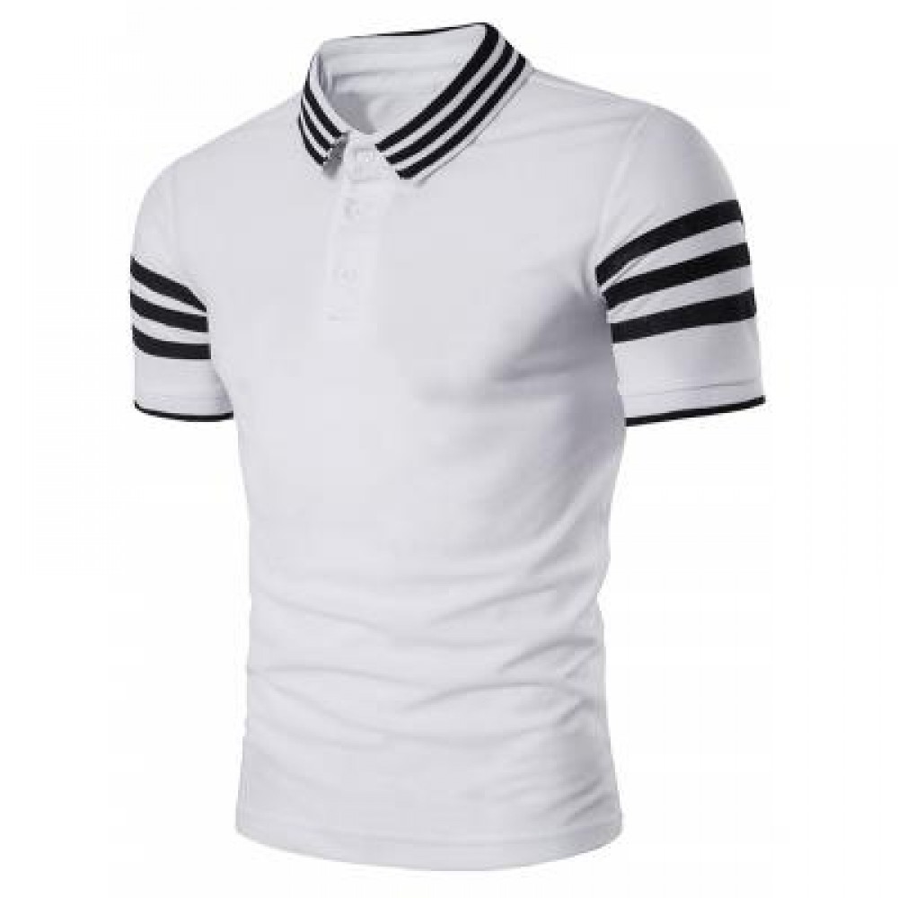 TURNDOWN COLLAR STRIPED DESIGN POLO T-SHIRT (WHITE) XL TURNDOWN COLLAR STRIPED DESIGN POLO T-SHIRT (WHITE) XL