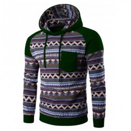 image of COLOR BLOCK TRIBAL PRINTED POCKET HOODED RAGLAN SLEEVE HOODIE (BLACKISH GREEN) XL