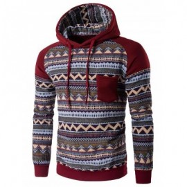 image of COLOR BLOCK TRIBAL PRINTED POCKET HOODED RAGLAN SLEEVE HOODIE (WINE RED) XL