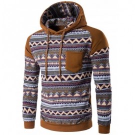 image of COLOR BLOCK TRIBAL PRINTED POCKET HOODED RAGLAN SLEEVE HOODIE (COFFEE) 2XL