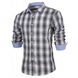 image of SLIMMING TURN-DOWN COLLAR FASHION PLAID PRINT POCKET EMBELLISHED LONG SLEEVES MEN'S SHIRT (BLACK) XL