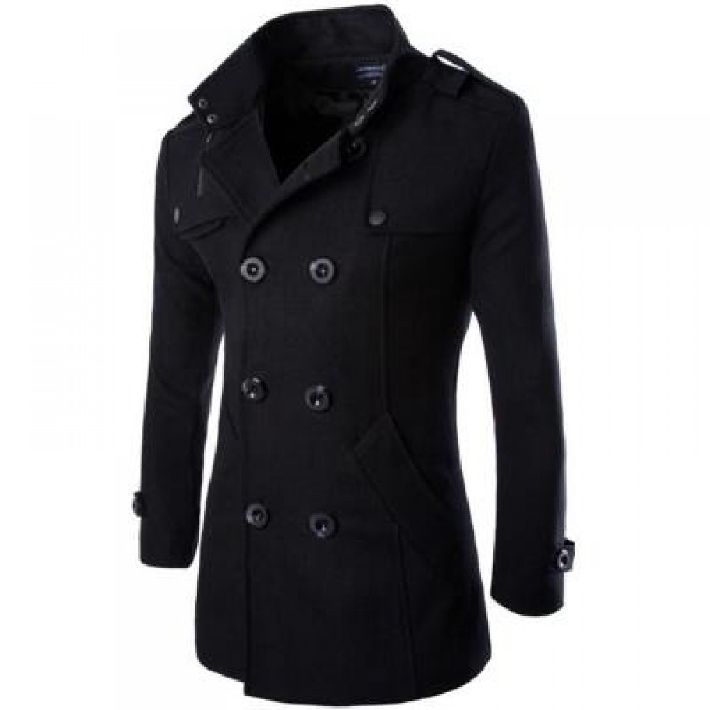 MENS DOUBLE BREASTED LONG SLEEVE TURNDOWN COLLAR COTTON COAT (BLACK) XL MENS DOUBLE BREASTED LONG SLEEVE TURNDOWN COLLAR COTTON COAT (BLACK) XL