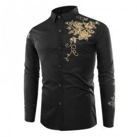 image of FASHION LAPEL ROSE PRINTING CASUAL MEN LONG-SLEEVED SHIRT MEN (BLACK) XL