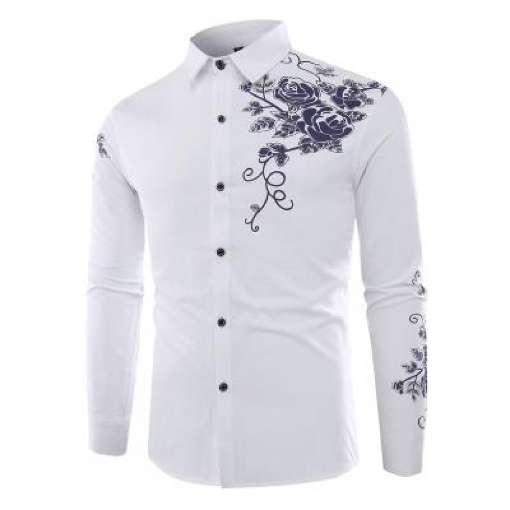 FASHION LAPEL ROSE PRINTING CASUAL MEN LONG-SLEEVED SHIRT MEN (WHITE) XL FASHION LAPEL ROSE PRINTING CASUAL MEN LONG-SLEEVED SHIRT MEN (WHITE) XL
