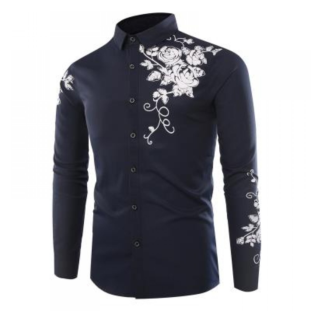 FASHION LAPEL ROSE PRINTING CASUAL MEN LONG-SLEEVED SHIRT MEN (ROYAL) XL FASHION LAPEL ROSE PRINTING CASUAL MEN LONG-SLEEVED SHIRT MEN (ROYAL) XL