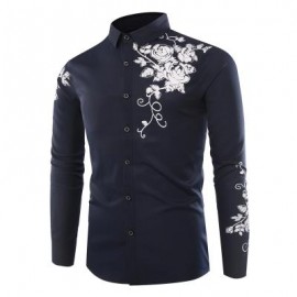 image of FASHION LAPEL ROSE PRINTING CASUAL MEN LONG-SLEEVED SHIRT MEN (ROYAL) XL