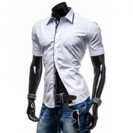image of CLASSIC BUTTON FLY TURN-DOWN COLLAR SLIMMING SHORT SLEEVES MEN'S POLYESTER SHIRT M