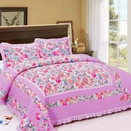 image of HIGH QUALITY BEDSHEET PATCHWORK QUEEN SET OF 3 PINK FLOWER WITH LACE BORDER Queen