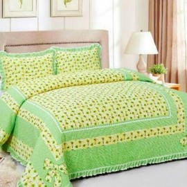 image of HIGH QUALITY BEDSHEET PATCHWORK QUEEN SET OF 3 GREEN SUNFLOWER WITH LACE BORDER Queen