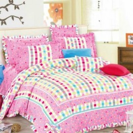 image of HIGH QUALITY BEDSHEET PATCHWORK QUEEN SET OF 3 PINK WITH LACE BORDER Queen